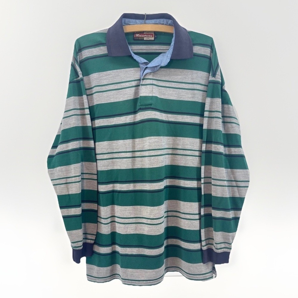 Vintage 90s Rugby Polo Shirt Mens‎ L Green Gray Striped Preppy